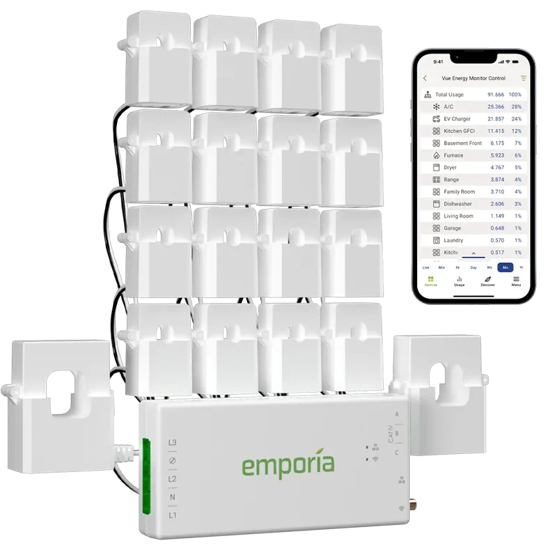 Emporia Vue energy monitor with 200-amp main sensors and sixteen 50-amp branch circuit sensors