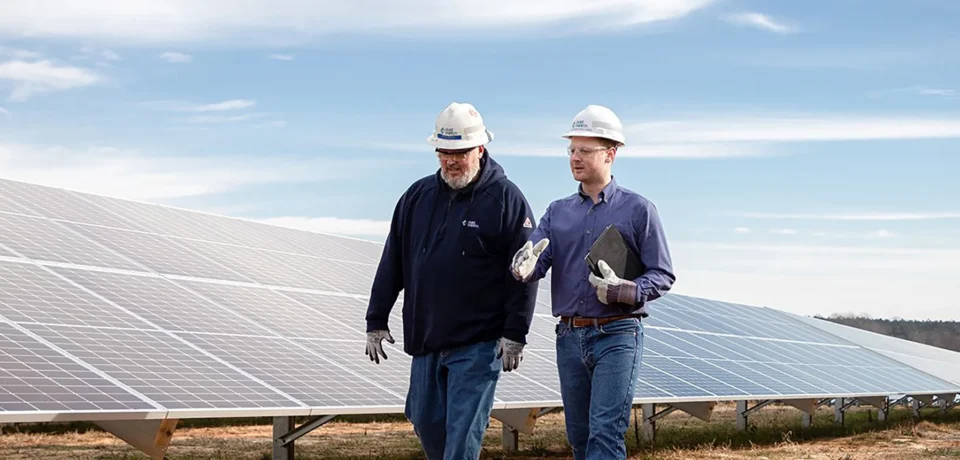 Two professionals in hard hats walking alongside solar panels, discussing solar detach and reset projects in a solar farm setting.