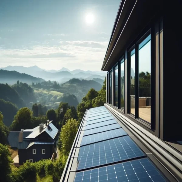 Solar panels installed on a modern rooftop overlooking a scenic mountainous landscape, emphasizing sustainable energy solutions.