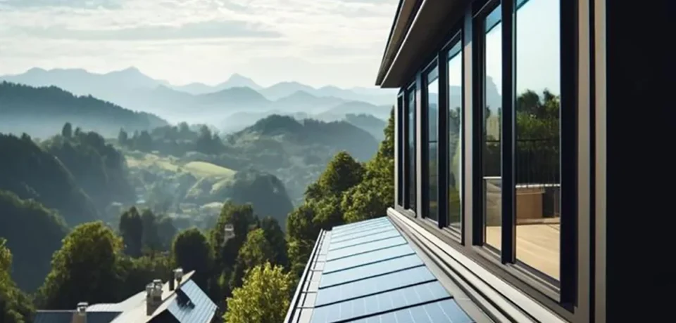 Modern home with solar panels on the roof, overlooking a mountainous landscape, emphasizing energy efficiency and sustainable living.