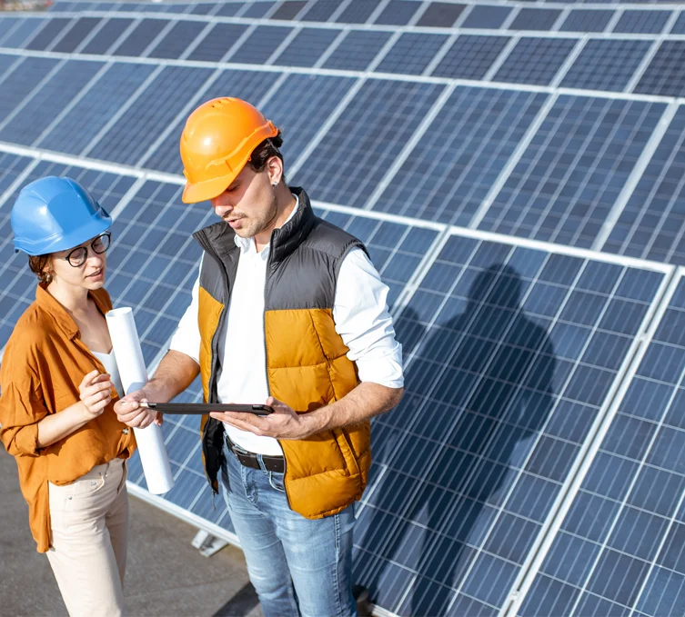 Two solar energy professionals discussing plans with solar panels in the background, emphasizing teamwork and clean energy solutions at SunGo Solar.