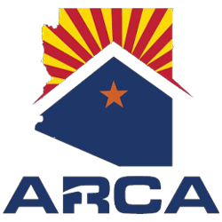 Logo of ARCA featuring a sunburst design and a blue house silhouette with an orange star, representing solar energy and roofing services in Arizona.