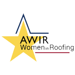 Logo of AWIR (Women in Roofing) featuring a yellow star with a blue outline and text emphasizing women's contributions to the roofing industry, relevant to solar system inspections and roofing services.
