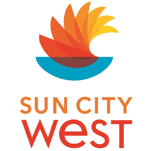 Sun City West logo featuring a stylized sun and water element, representing solar energy and the community's vibrant atmosphere in Arizona.
